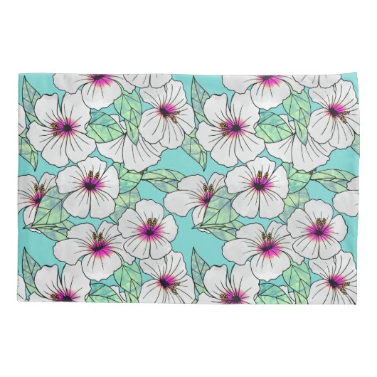 Roze en witte Tropische Hibiscus Floral Patroon Kussensloop (Achterkant)
