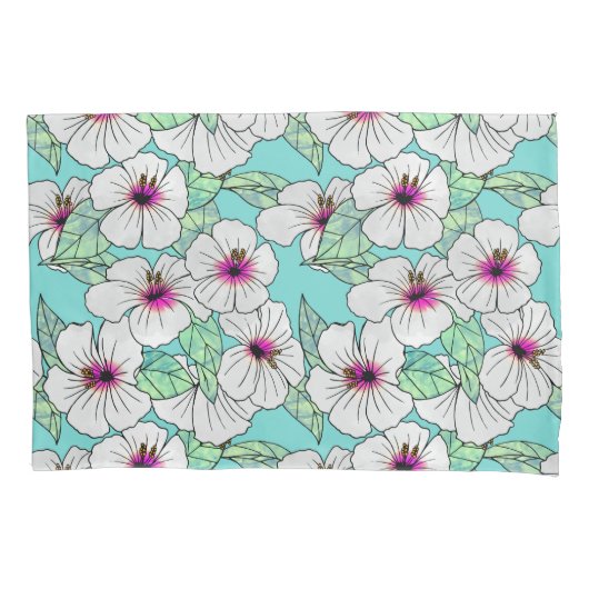 Roze en witte Tropische Hibiscus Floral Patroon Kussensloop (Voorkant)