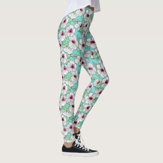 Roze en witte Tropische Hibiscus Floral Patroon Leggings (Rechts)