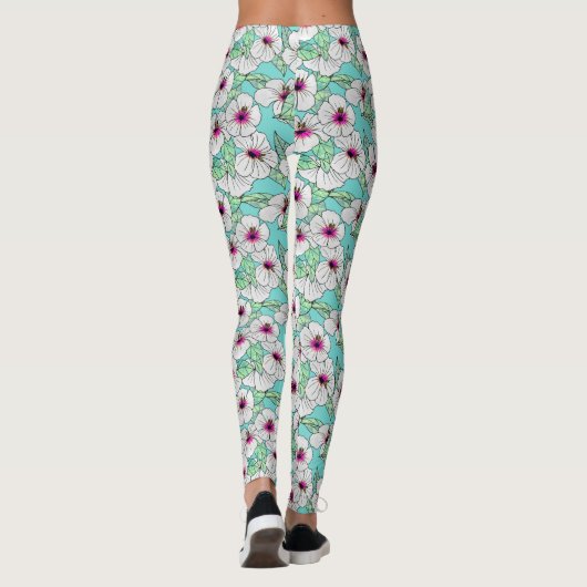 Roze en witte Tropische Hibiscus Floral Patroon Leggings (Achterkant)