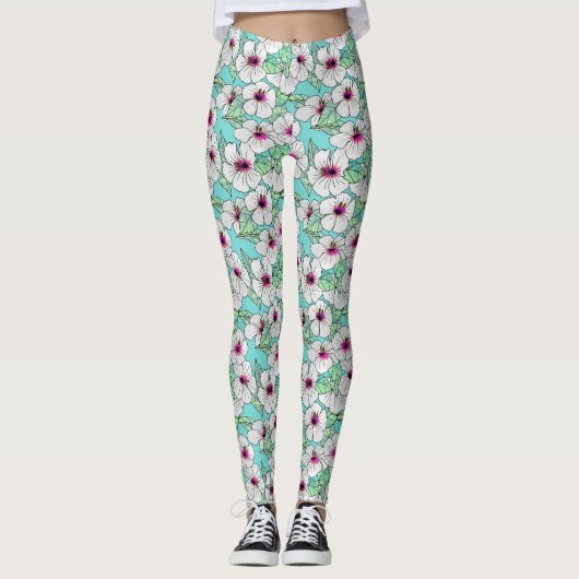 Roze en witte Tropische Hibiscus Floral Patroon Leggings (Voorkant)