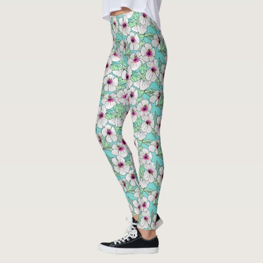 Roze en witte Tropische Hibiscus Floral Patroon Leggings (Links)