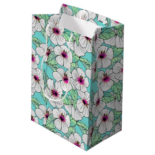 Roze en witte Tropische Hibiscus Floral Patroon Medium Cadeauzakje (Achterkant Gekanteld)