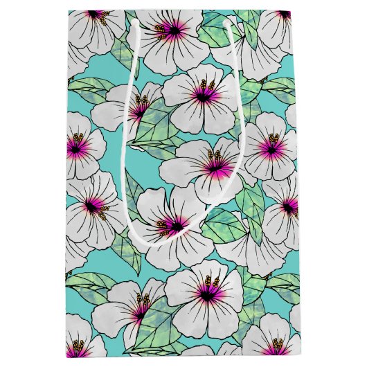 Roze en witte Tropische Hibiscus Floral Patroon Medium Cadeauzakje (Voorkant)