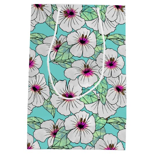 Roze en witte Tropische Hibiscus Floral Patroon Medium Cadeauzakje (Achterkant)