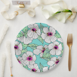 Roze en witte Tropische Hibiscus Floral Patroon Papieren Bordje