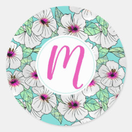Roze en witte Tropische Hibiscus Floral Patroon Ronde Sticker