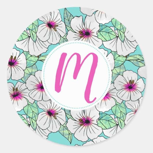 Roze en witte Tropische Hibiscus Floral Patroon Ronde Sticker (Voorkant)
