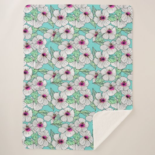 Roze en witte Tropische Hibiscus Floral Patroon Sherpa Deken (Voorkant)