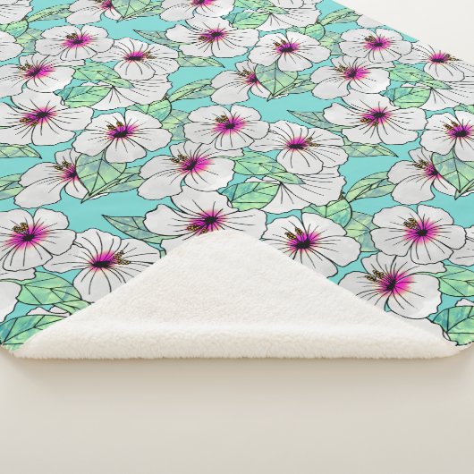 Roze en witte Tropische Hibiscus Floral Patroon Sherpa Deken (3/4)