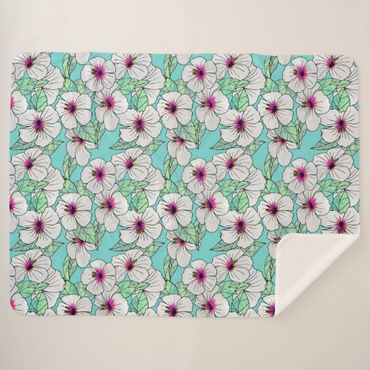 Roze en witte Tropische Hibiscus Floral Patroon Sherpa Deken (Voorkant (horizontaal))