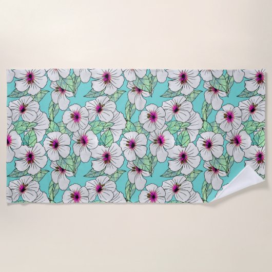 Roze en witte Tropische Hibiscus Floral Patroon Strandlaken (Voorkant)