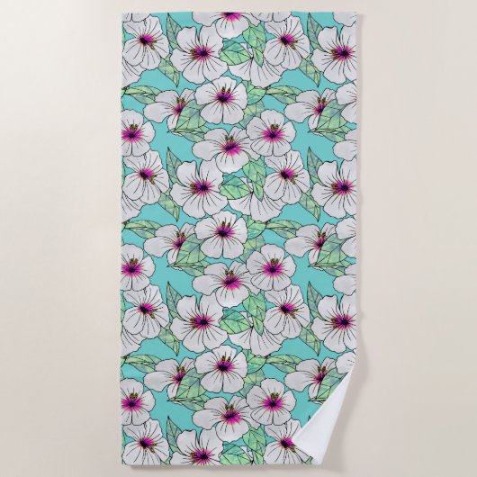 Roze en witte Tropische Hibiscus Floral Patroon Strandlaken (Voorkant)