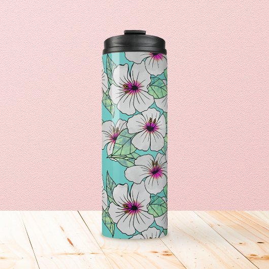 Roze en witte Tropische Hibiscus Floral Patroon Thermosbeker