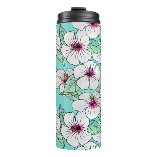 Roze en witte Tropische Hibiscus Floral Patroon Thermosbeker (Voorkant)