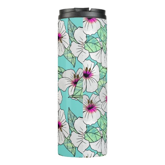 Roze en witte Tropische Hibiscus Floral Patroon Thermosbeker (Achterkant)