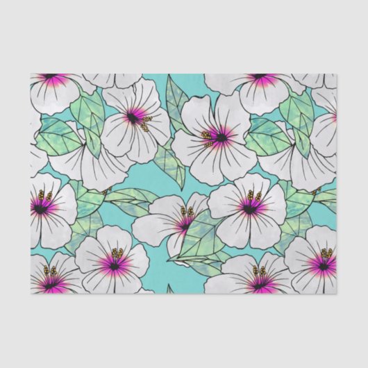 Roze en witte Tropische Hibiscus Floral Patroon Tissuepapier (Voorkant)