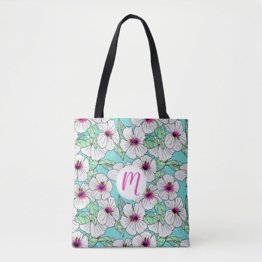 Roze en witte Tropische Hibiscus Floral Patroon Tote Bag (Voorkant)