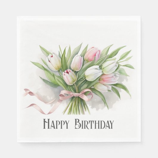 Roze en witte Tulip Birthday Bouquet Servet (Voorkant)