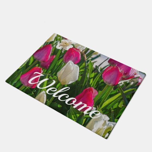 Roze en witte tulpen, fijn deeg deurmat (Schuin)