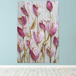 Roze en Witte Tulpen met Gouden Textuur Abstract Canvas Afdruk