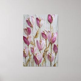 Roze en Witte Tulpen met Gouden Textuur Abstract Canvas Afdruk