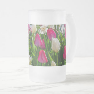 Roze en witte tulpen, schildklierglas matglas bierpul