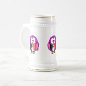 Roze en witte uil die sommige schoolboeken bijhoud bierpul (Voorkant links)