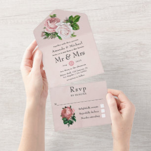 Roze en Witte Vintage Bloem Bruiloft All In One Uitnodiging
