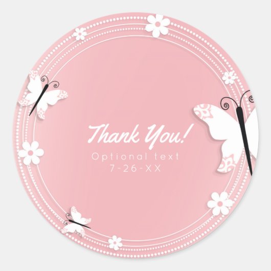 Roze en Witte Vlinders & Bloemen Custom Favor Ronde Sticker (Voorkant)