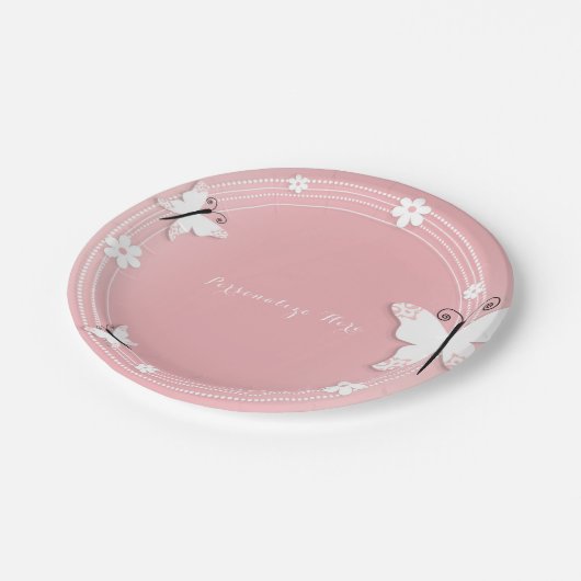 Roze en Witte Vlinders & Bloemen Custom Party Papieren Bordje (Gekanteld)