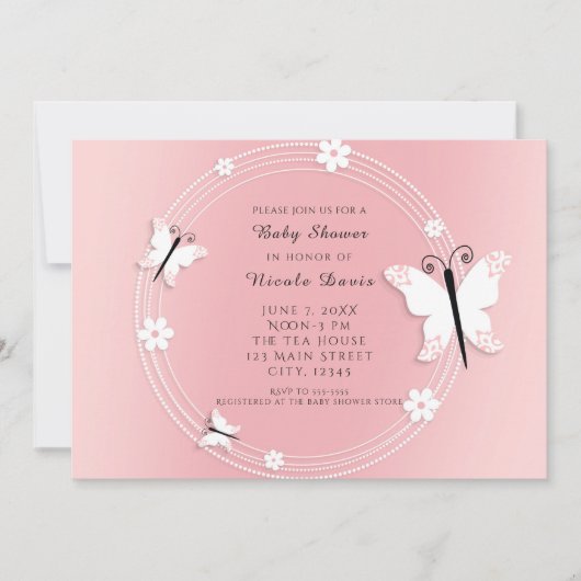 Roze en witte vlinders en bloemen uitnodigingen (Voorkant)