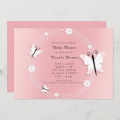 Roze en witte vlinders en bloemen uitnodigingen (Voorkant / Achterkant)