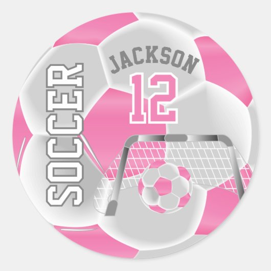Roze en Witte Voetbal Ronde Sticker (Voorkant)