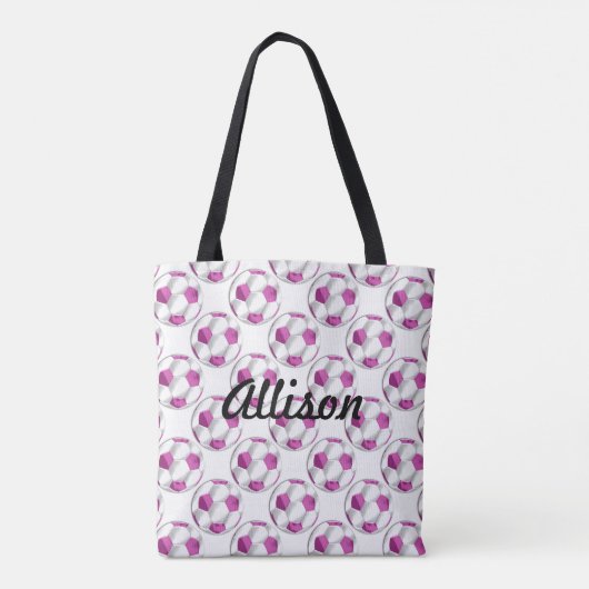 Roze en witte Voetballen met naam Tote Bag (Achterkant)