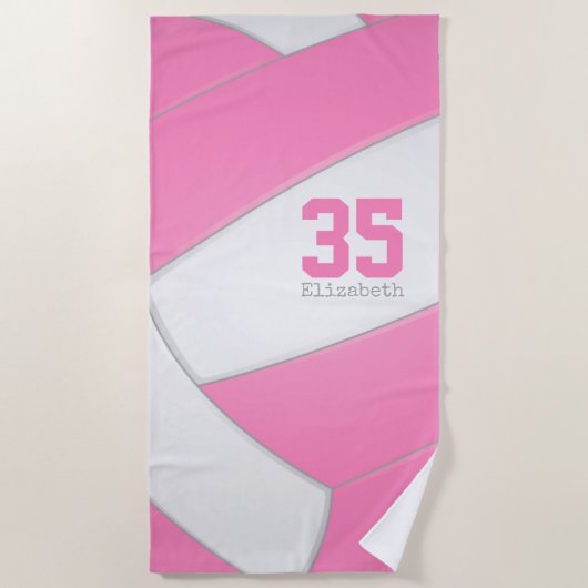 Roze en witte volleybal meisjes gepersonaliseerd strandlaken (Voorkant)