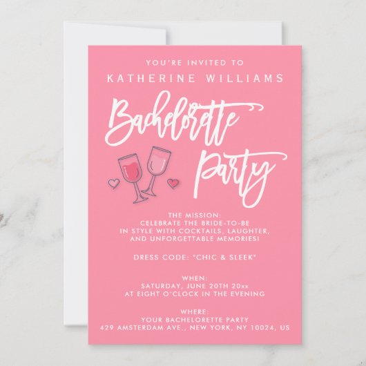 Roze en witte vrijgezellenfeest uitnodigingen (Voorkant)