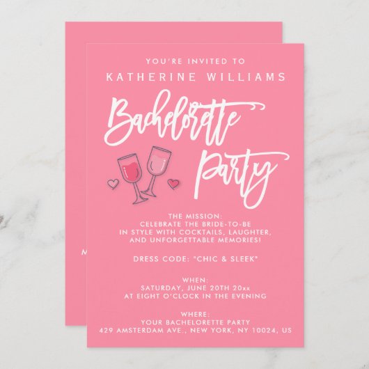 Roze en witte vrijgezellenfeest uitnodigingen (Voorkant / Achterkant)