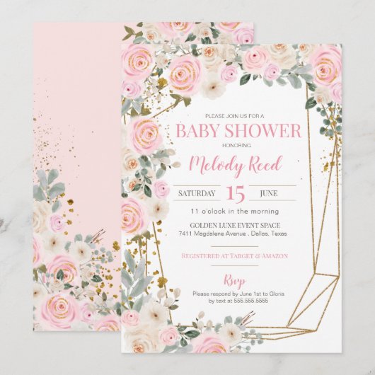 Roze en witte Waterverf Bloemen Baby shower Kaart (Voorkant / Achterkant)