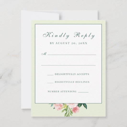 Roze en Witte Waterverf Bloemenbruiloft RSVP Kaartje (Achterkant)