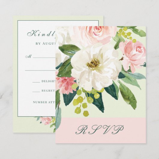 Roze en Witte Waterverf Bloemenbruiloft RSVP Kaartje (Voorkant / Achterkant)