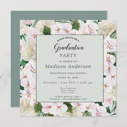 Roze en witte Waterverf Blooms GraduPartij Kaart (Voorkant / Achterkant)