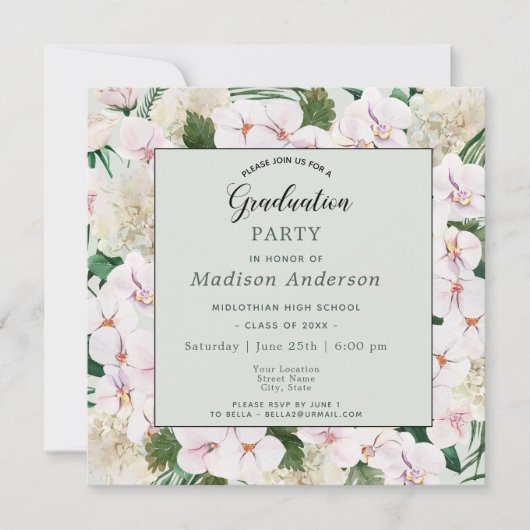 Roze en witte Waterverf Blooms GraduPartij Kaart (Voorkant)