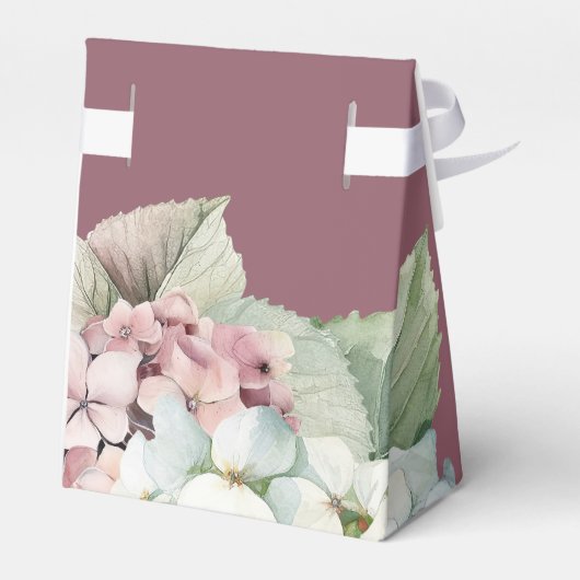 Roze en witte waterverf hortensia bloemen op roze bedankdoosjes (Achterkant)