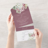 Roze en witte waterverf hydrangeabloemen op blozen all in one uitnodiging (Afscheurbaar)