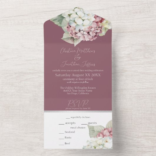 Roze en witte waterverf hydrangeabloemen op blozen all in one uitnodiging (Binnen)