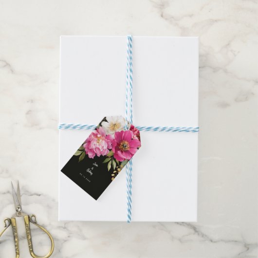 Roze en witte Waterverf pioenroos bloemenbruiloft Cadeaulabel (Met Touw)