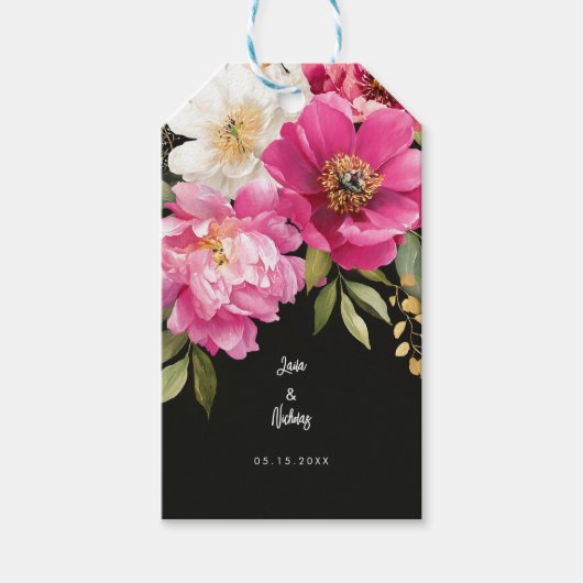 Roze en witte Waterverf pioenroos bloemenbruiloft Cadeaulabel (Voorkant)
