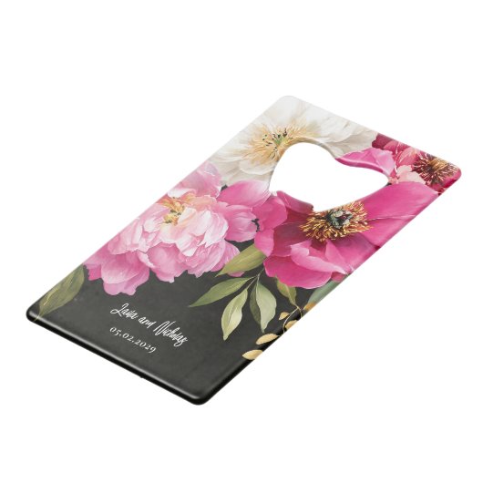 Roze en witte Waterverf pioenroos bloemenbruiloft Creditkaart Flessenopener (Voorkant Gekanteld)