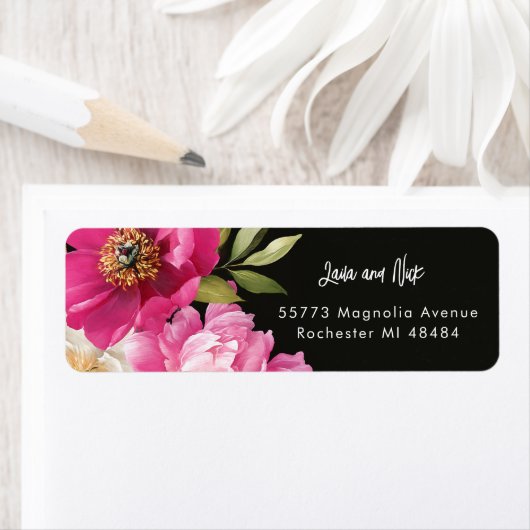 Roze en witte Waterverf pioenroos bloemenbruiloft Etiket (Insitu)